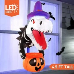 Joiedomi 4.5ft Animated Dinosaur Inflatable Window Breaker With Pumpkin Candy Holder -Joiedomi 4.5ftAnimatedDinosaurInflatableWindowBreakerwithPumpkinCandyHolder 2