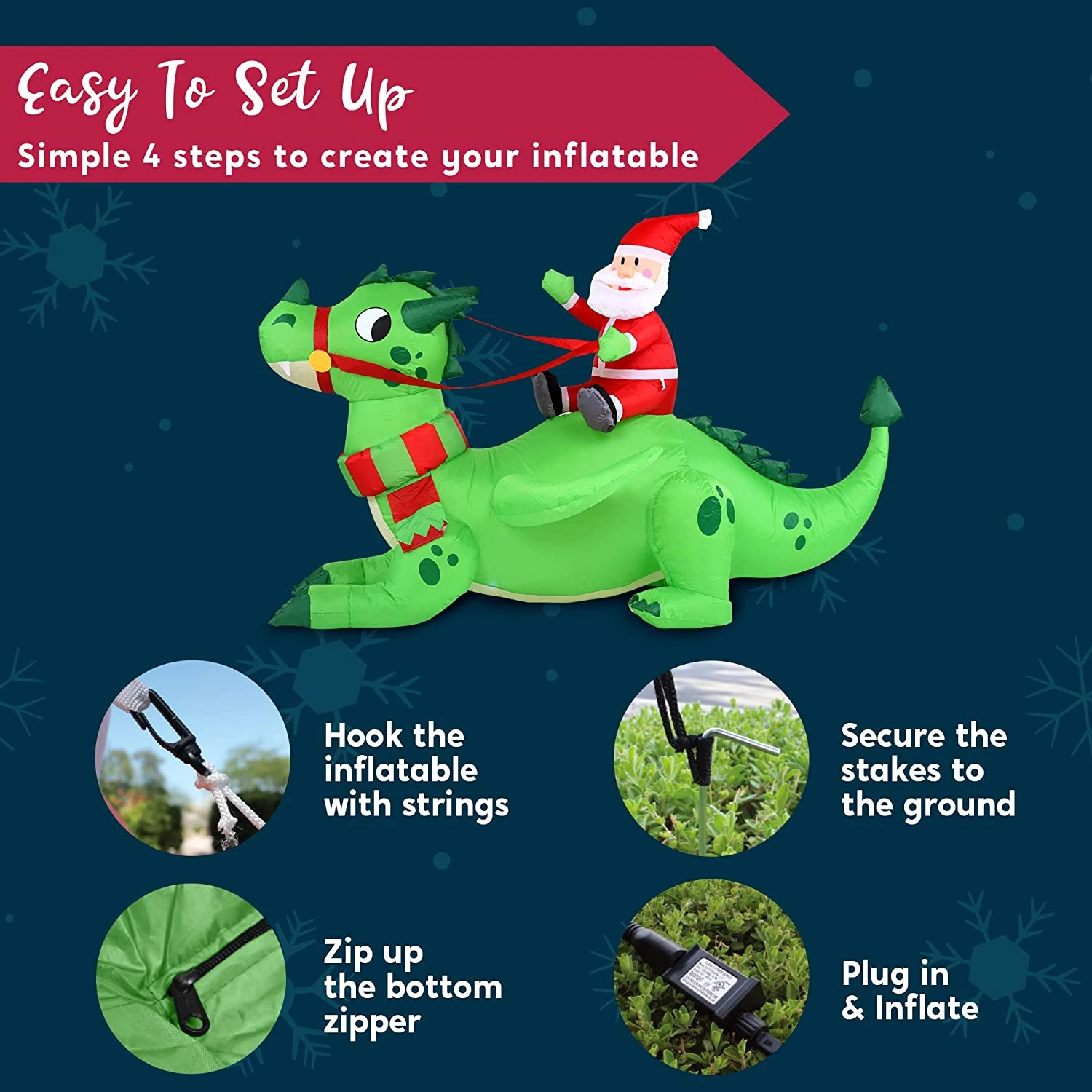 6ft Long Santa Riding A Green Dragon Christmas Inflatable 9 6ft Long Santa Riding A Green Dragon Christmas Inflatable - Image 7