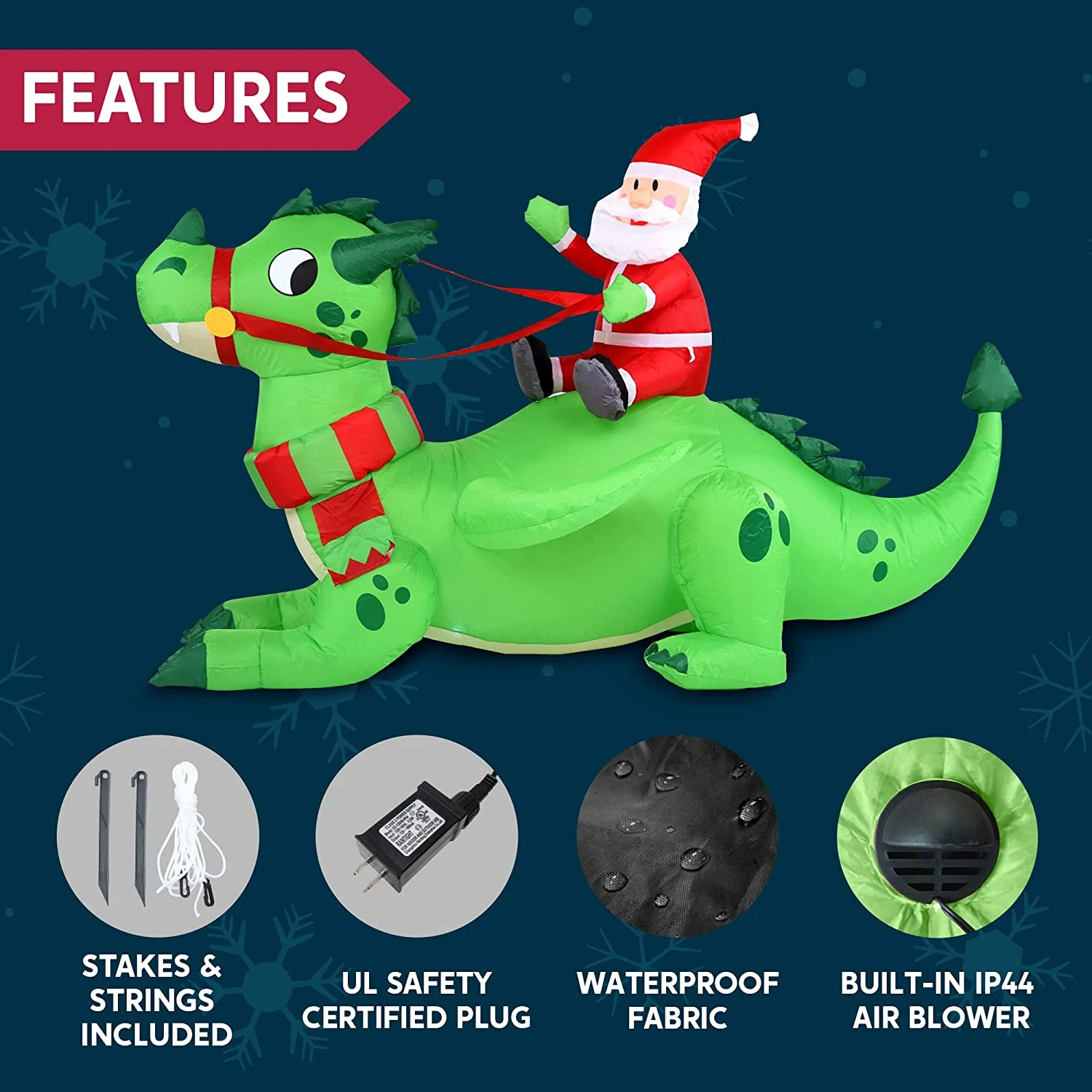 6ft Long Santa Riding A Green Dragon Christmas Inflatable 8 6ft Long Santa Riding A Green Dragon Christmas Inflatable - Image 6