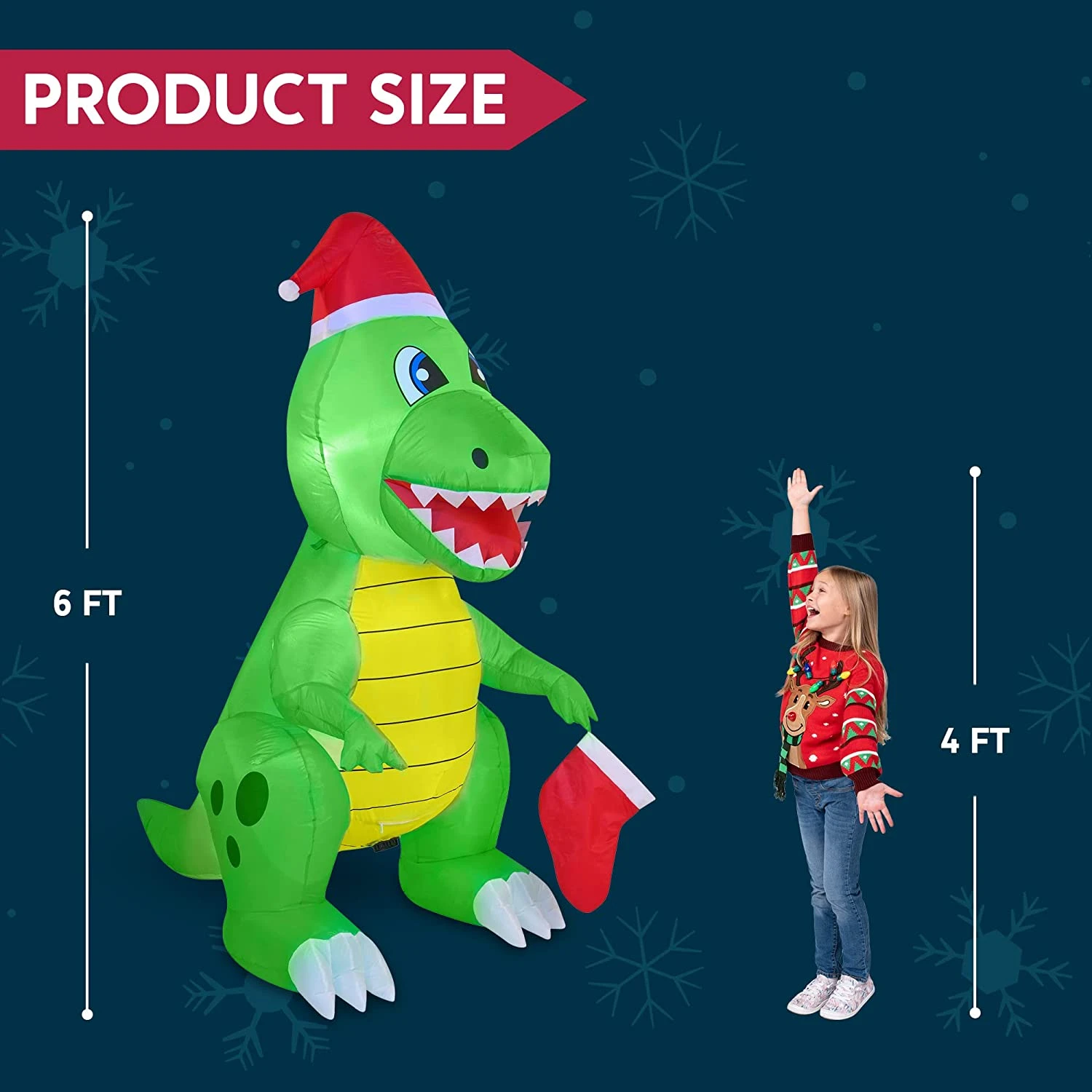 6 FT Tall Inflatable Dinosaur Holding A Christmas Stocking With Build-in LEDs 7 6 FT Tall Inflatable Dinosaur Holding A Christmas Stocking With Build-in LEDs - Image 5