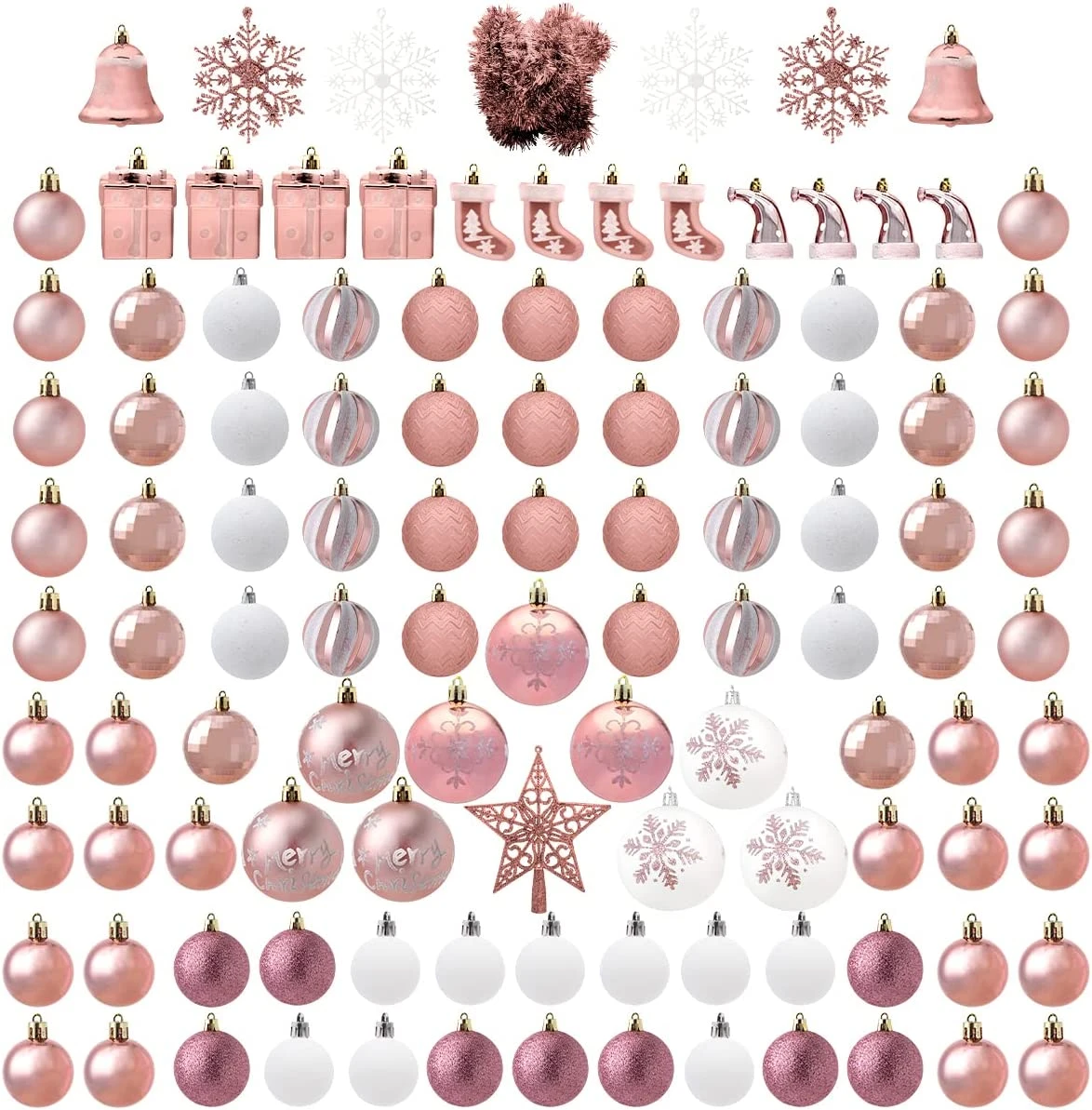 112 Pcs Rosegold & White Christmas Assorted Ornaments With A Star Tree Topper 3 112 Pcs Rosegold & White Christmas Assorted Ornaments With A Star Tree Topper