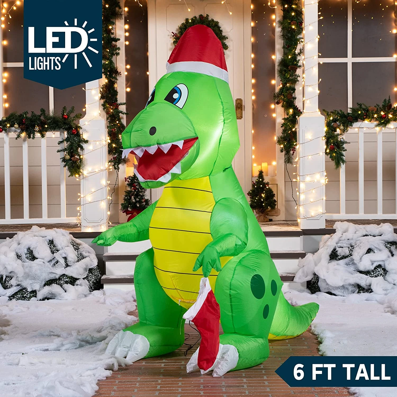 6 FT Tall Inflatable Dinosaur Holding A Christmas Stocking With Build-in LEDs 4 6 FT Tall Inflatable Dinosaur Holding A Christmas Stocking With Build-in LEDs - Image 2