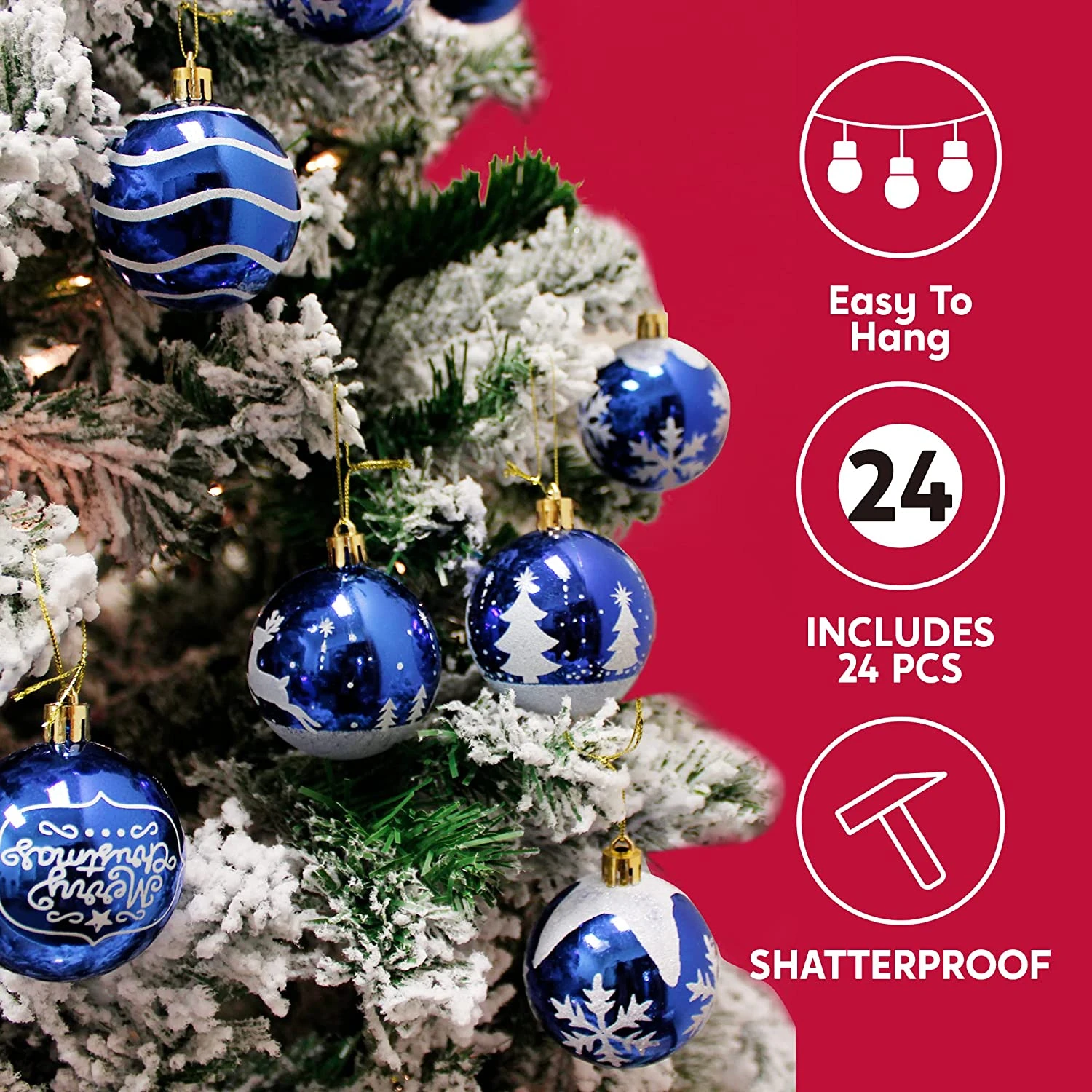 24 Pcs Christmas Ball Ornaments, Blue And White 4 24 Pcs Christmas Ball Ornaments, Blue And White - Image 2