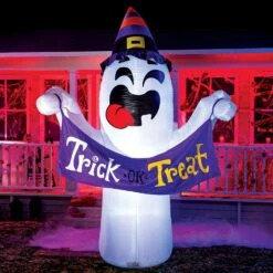 10ft Halloween Cute Ghost With Trick Or Treat Banner And Witch Hat