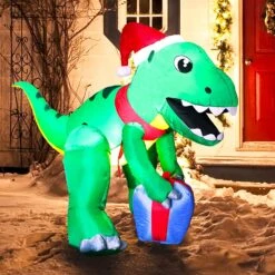 Tall Christmas Dinosaur With Hat Inflatable (5 Ft)