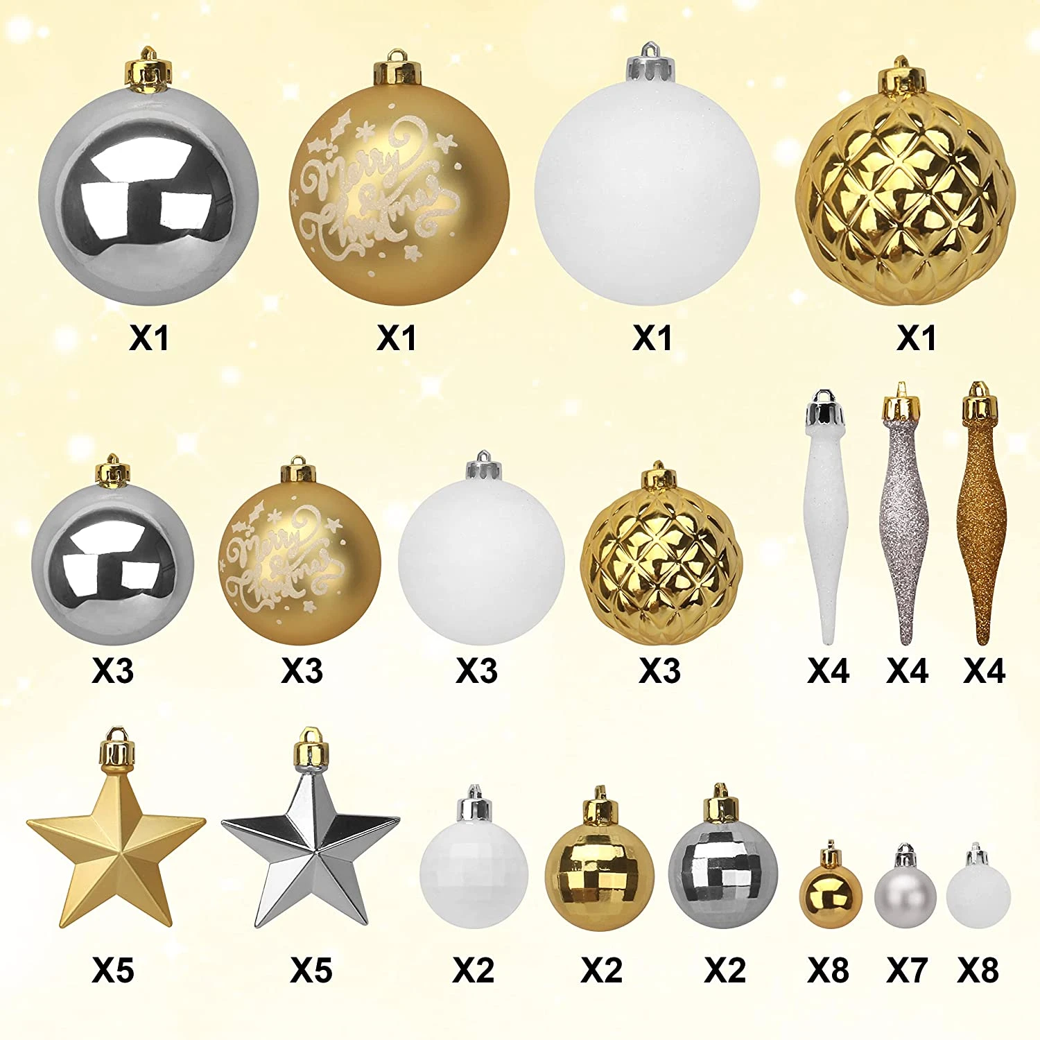 67 Pcs Christmas Ornaments Assorted Style Gold & White 6 67 Pcs Christmas Ornaments Assorted Style Gold & White - Image 4