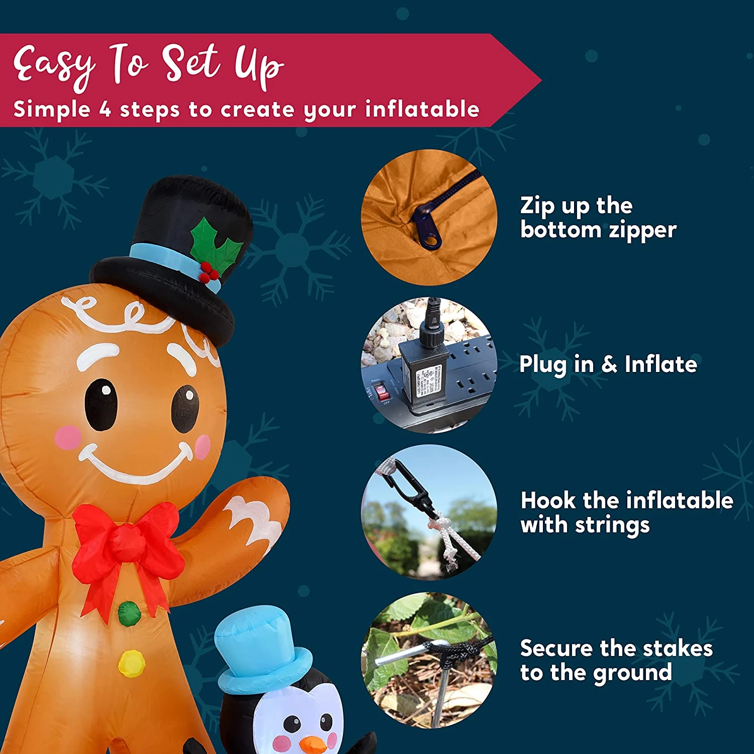 6 FT Tall Inflatable Gingerbread With Penguin Christmas Inflatable With Build-in LEDs 9 6 FT Tall Inflatable Gingerbread With Penguin Christmas Inflatable With Build-in LEDs - Image 7