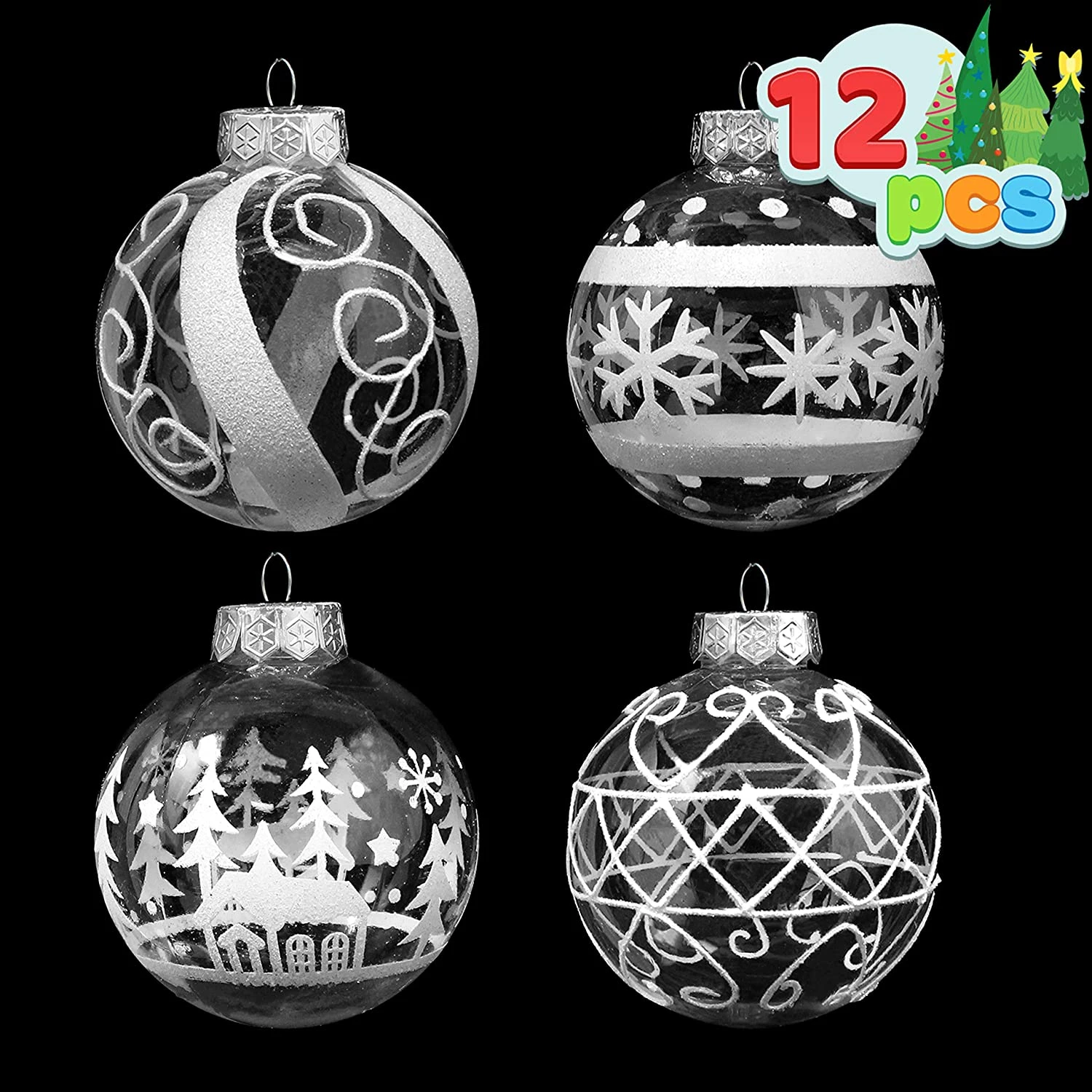 12 Pcs Christmas Ball Ornaments, White And Clear 3 12 Pcs Christmas Ball Ornaments, White And Clear