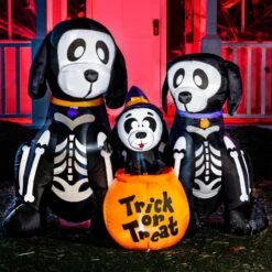 6ft Halloween Skeleton Dog Family Set With Trick Or Treat Flag