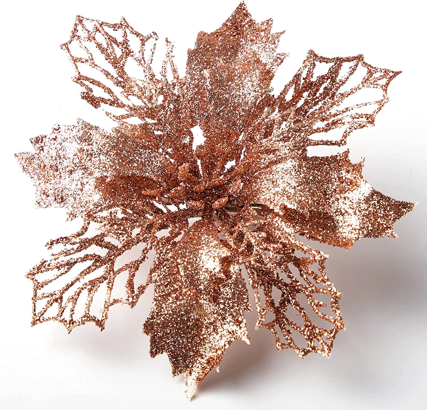 24 Pcs Rose Gold Poinsettia Flowers With Clips And Glitter 3 24 Pcs Rose Gold Poinsettia Flowers With Clips And Glitter