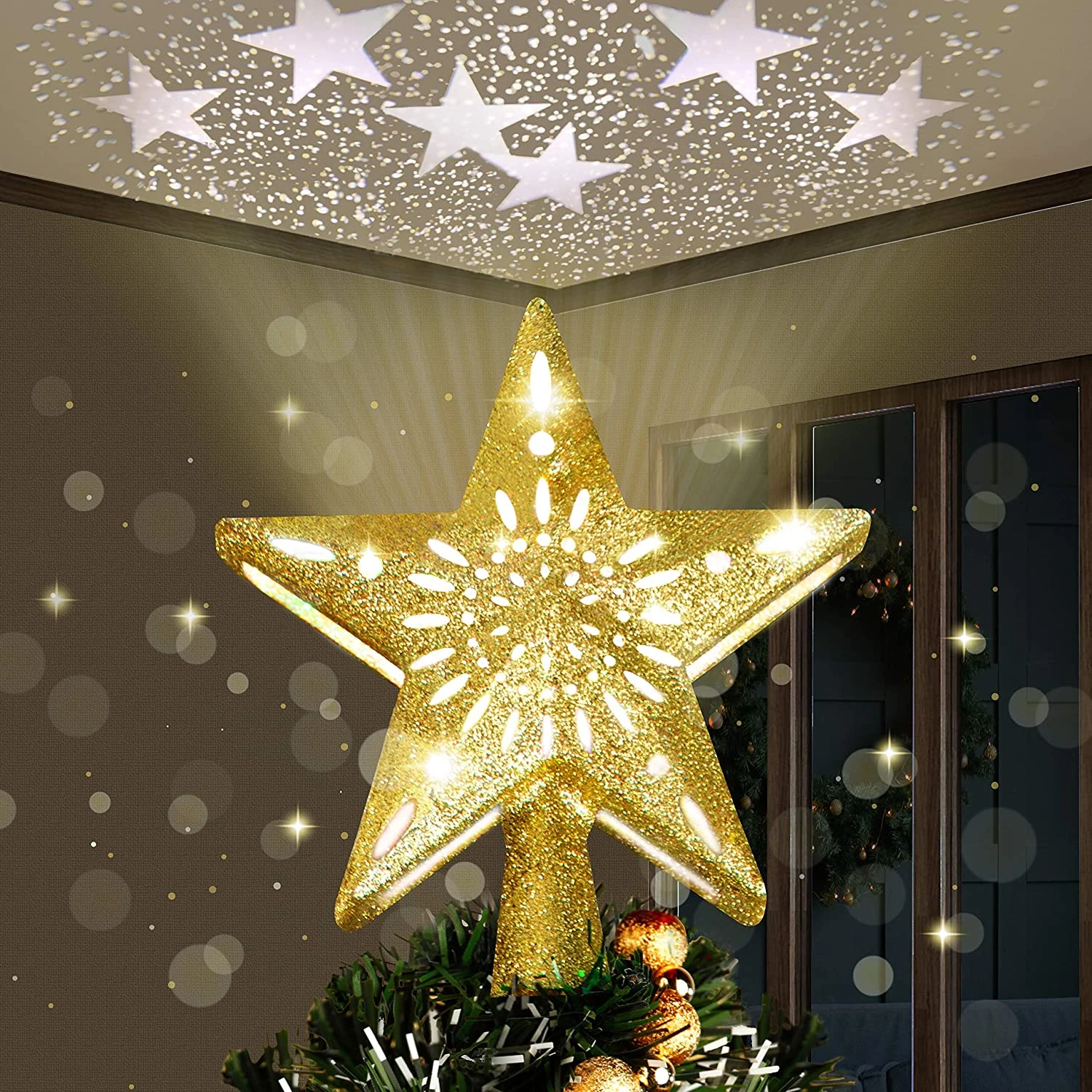 Gold Star Tree Topper With Yellow Star Projector Lights 3 Gold Star Tree Topper With Yellow Star Projector Lights