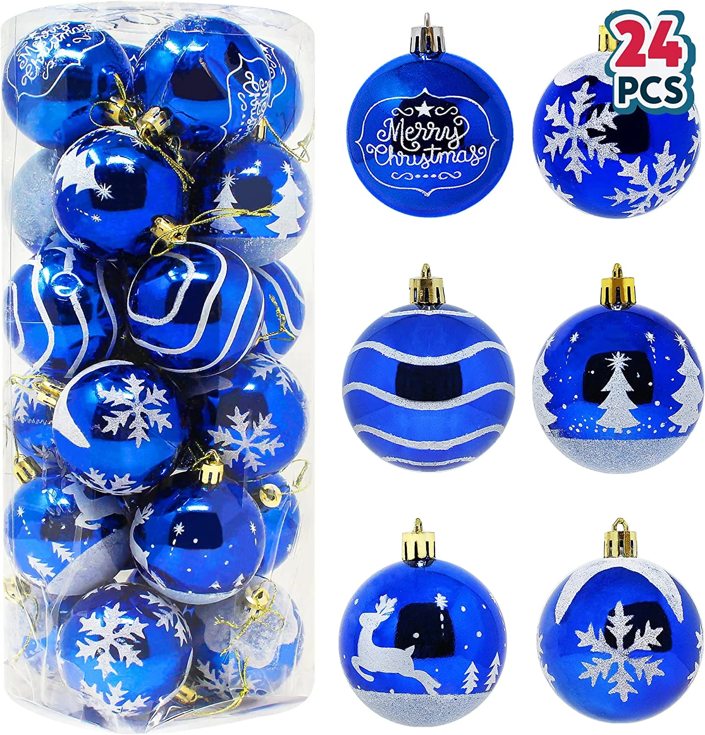 24 Pcs Christmas Ball Ornaments, Blue And White 3 24 Pcs Christmas Ball Ornaments, Blue And White