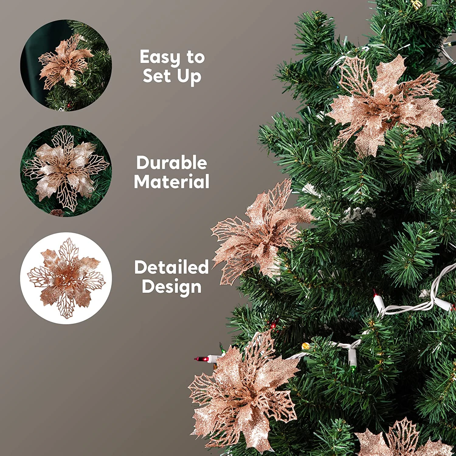 24 Pcs Rose Gold Poinsettia Flowers With Clips And Glitter 6 24 Pcs Rose Gold Poinsettia Flowers With Clips And Glitter - Image 4
