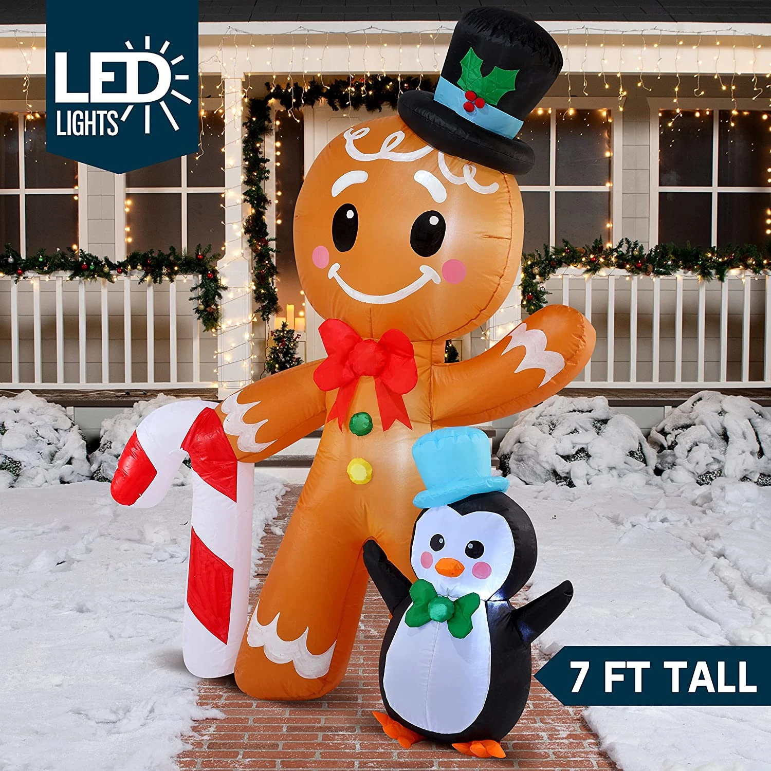 6 FT Tall Inflatable Gingerbread With Penguin Christmas Inflatable With Build-in LEDs 4 6 FT Tall Inflatable Gingerbread With Penguin Christmas Inflatable With Build-in LEDs - Image 2