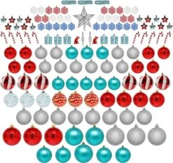 132 Pcs Red, Blue, And Silver Christmas Ornaments