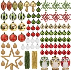 90 Pcs Christmas Ornaments With Owl - Red, Green & Gold