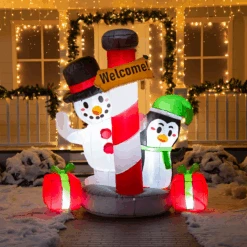 6 FT Tall Inflatable Christmas Welcome Sign With A Penguin And Snowman