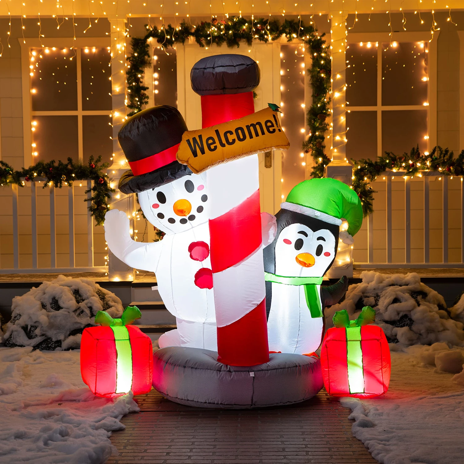 6 FT Tall Inflatable Christmas Welcome Sign With A Penguin And Snowman 3 6 FT Tall Inflatable Christmas Welcome Sign With A Penguin And Snowman