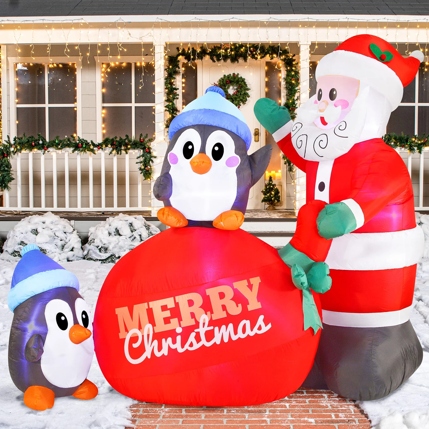 Large Penguins With Santa Inflatable (7 Ft) 3 Large Penguins With Santa Inflatable (7 Ft)