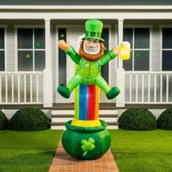 Large St Patrick Leprechaun On Rainbow Pot Of Gold Inflatable (7 Ft)