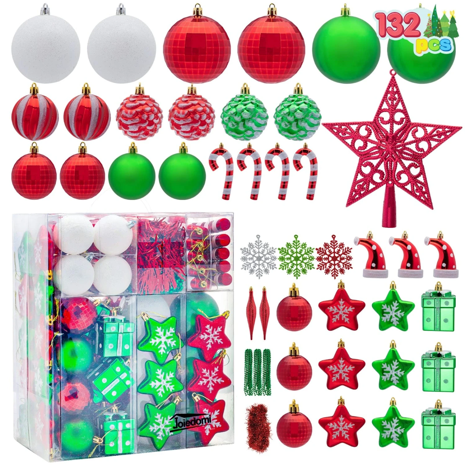 132 Pcs Red, Green, White Christmas Assorted Ornaments With A Silver Star Tree Topper 4 132 Pcs Red, Green, White Christmas Assorted Ornaments With A Silver Star Tree Topper - Image 2