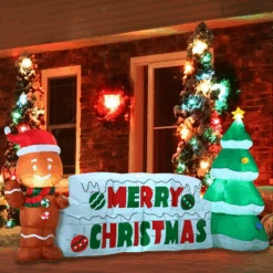 Giant Merry Christmas Sign With Tree & Gingerbread Man Inflatable (10 Ft)