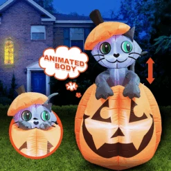 Tall Animated Halloween Kitty Cat On Pumpkin Inflatable (5 Ft)