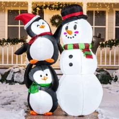 6 FT Tall Inflatable Two Penguins Carry Each Other To Hold Snowman's Head