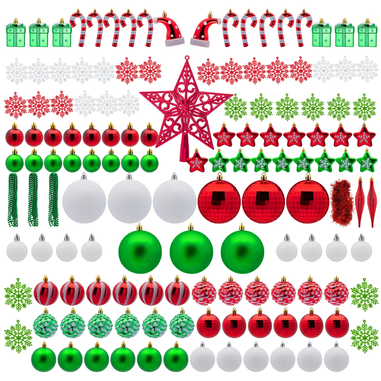 132 Pcs Red, Green, White Christmas Assorted Ornaments With A Silver Star Tree Topper 5 132 Pcs Red, Green, White Christmas Assorted Ornaments With A Silver Star Tree Topper - Image 3