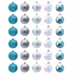 30Pcs Assorted Style Ball Ornaments - Blue & White & Silver 3.15in