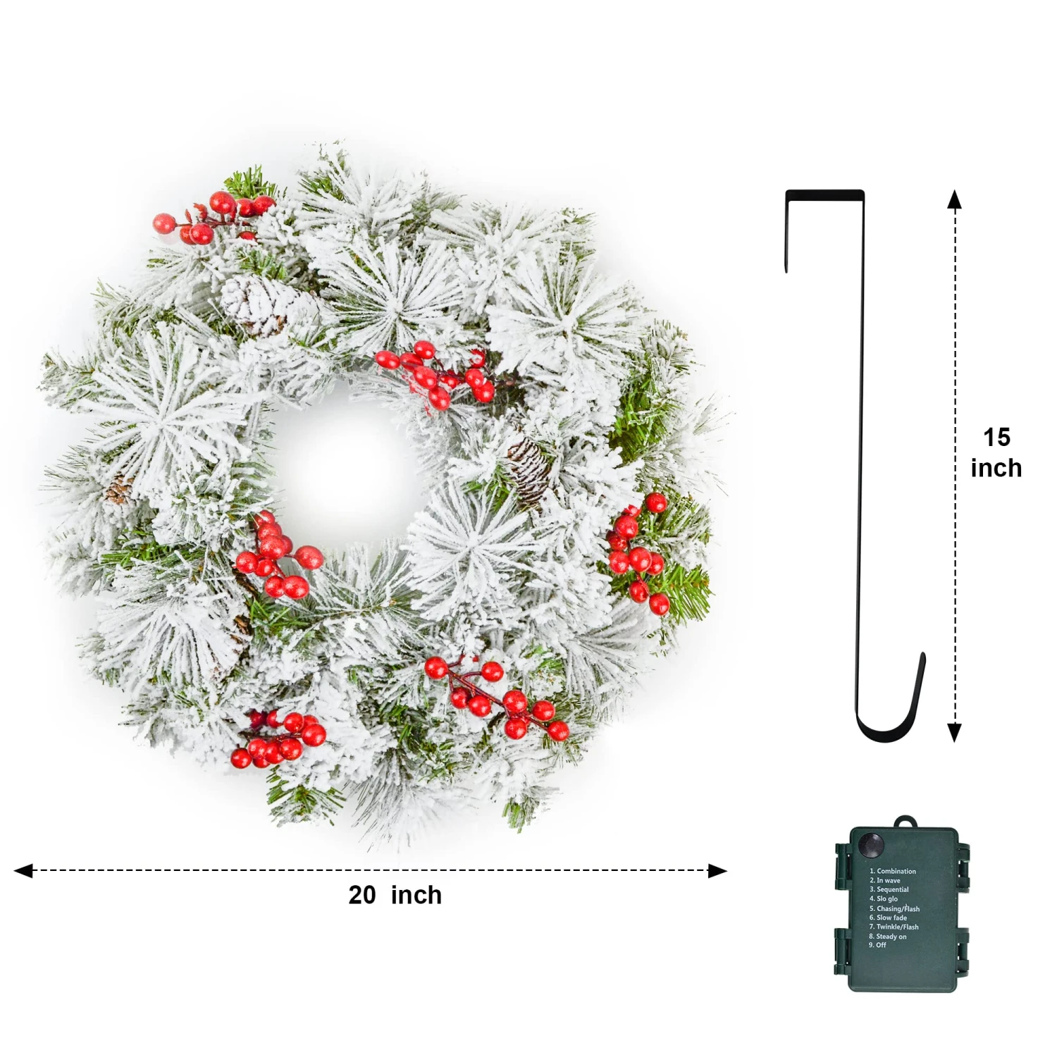 20in Christmas Wreath Flocked With LED Lights 5 20in Christmas Wreath Flocked With LED Lights - Image 3