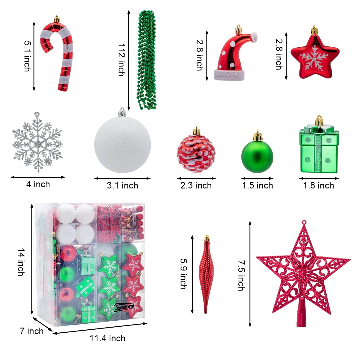 132 Pcs Red, Green, White Christmas Assorted Ornaments With A Silver Star Tree Topper 7 132 Pcs Red, Green, White Christmas Assorted Ornaments With A Silver Star Tree Topper - Image 5
