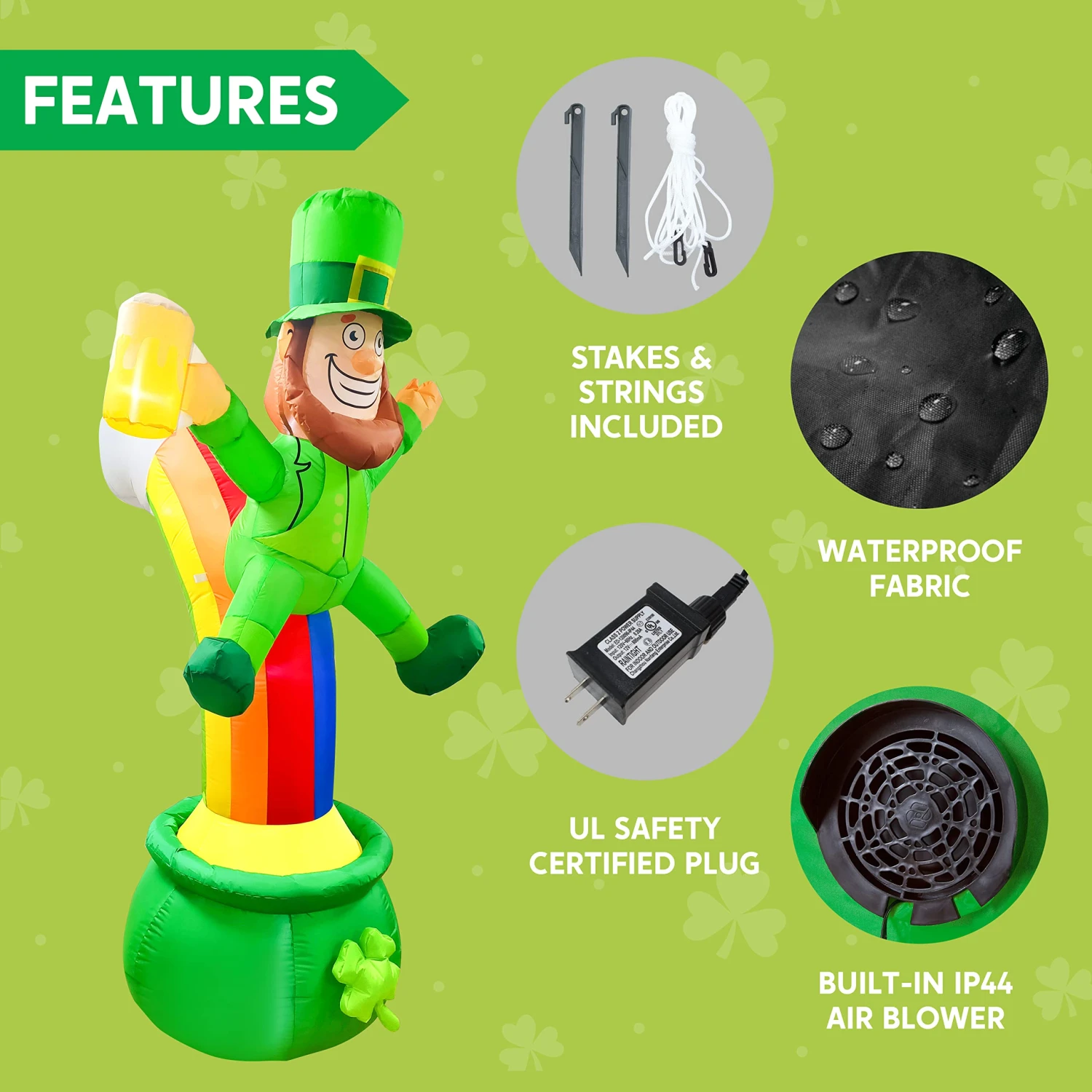 Large St Patrick Leprechaun On Rainbow Pot Of Gold Inflatable (7 Ft) 8 Large St Patrick Leprechaun On Rainbow Pot Of Gold Inflatable (7 Ft) - Image 6