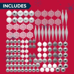 133 Pcs Christmas Ornaments, Assorted Shatterproof Silver & White Christmas Ornaments