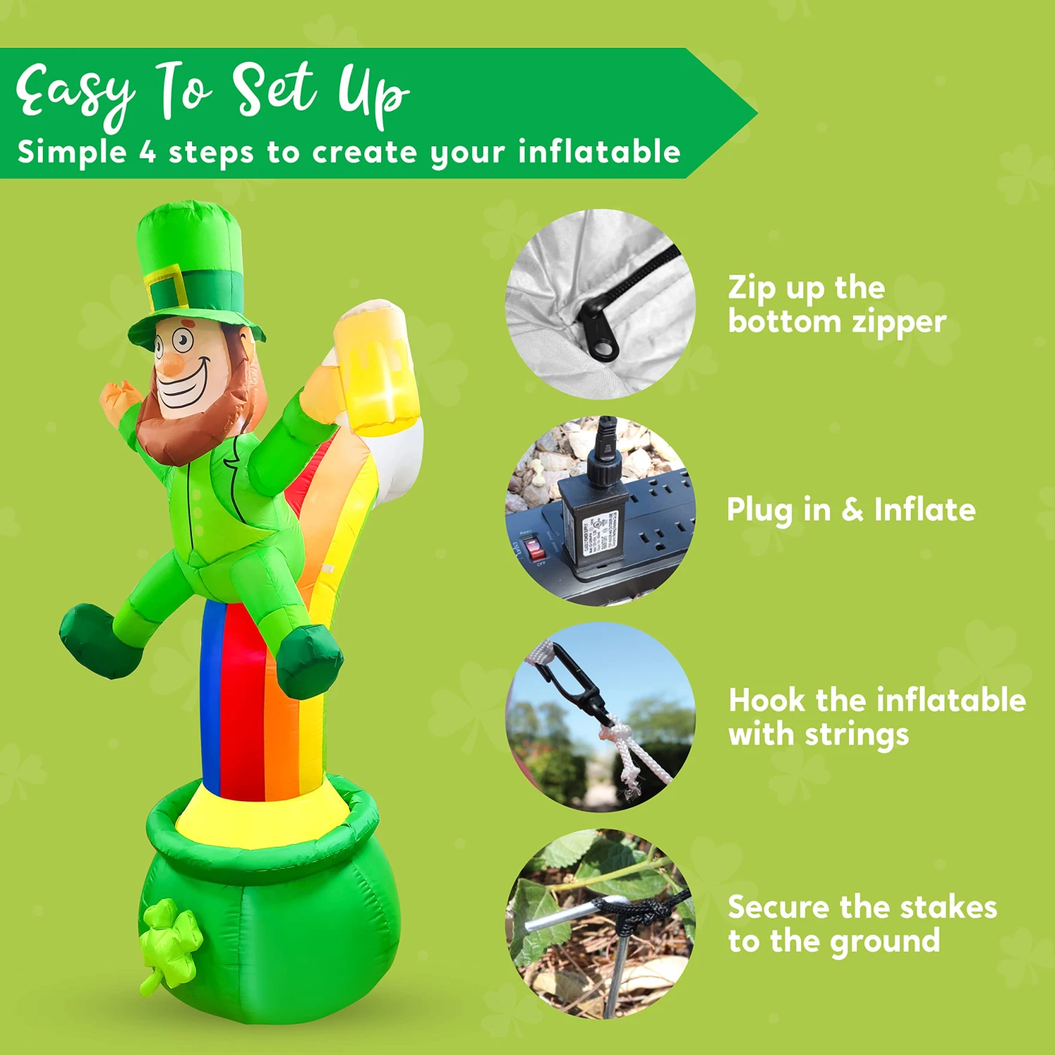 Large St Patrick Leprechaun On Rainbow Pot Of Gold Inflatable (7 Ft) 9 Large St Patrick Leprechaun On Rainbow Pot Of Gold Inflatable (7 Ft) - Image 7